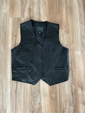 Italian Stone Design Genuine Leather Black Men's Vest Button Front Biker